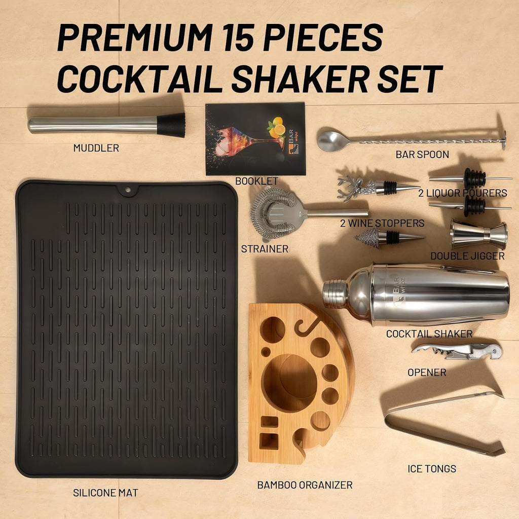 Silicone Pad Included Cocktail Shaker Set Bartender Kit,Mixology Bartender Kit 13-Piece with Bamboo Stand,Martini - Set of 13