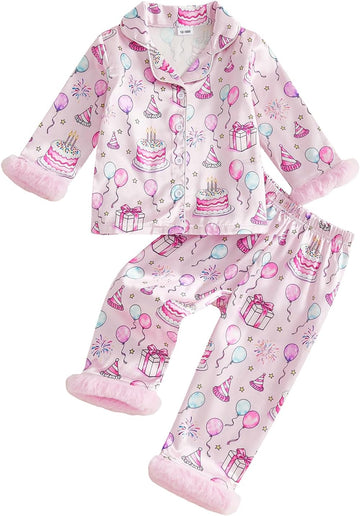 Kids Toddler Girl Pajamas Fuzzy Trim Button Down Shirt Pants