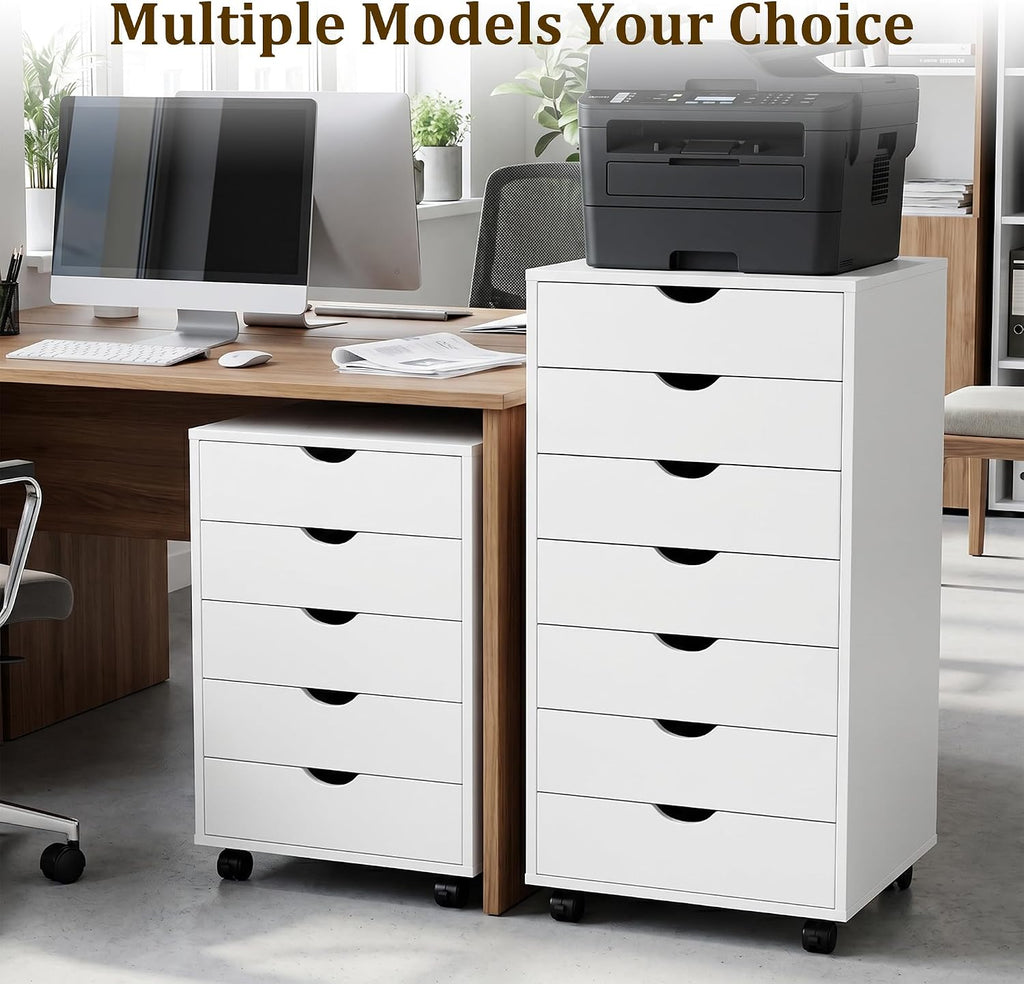 5 Drawer Rolling Storage Cabinet, Mobile File Cabinet , White | Rolling Storage Cabinet with 5 Drawers for Desk