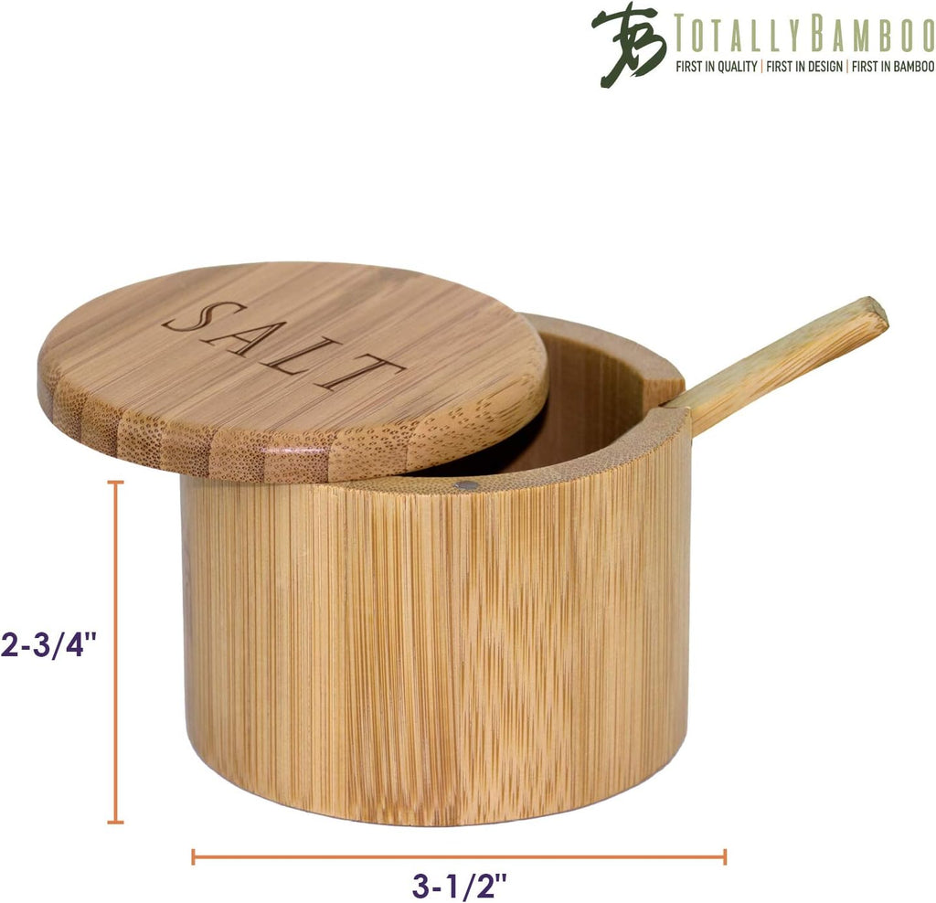 Salt Cellar Bamboo Storage Box with Magnetic Swivel Lid, 6 Ounce Capacity, Engraving on Lid, Includes Salt Spoon