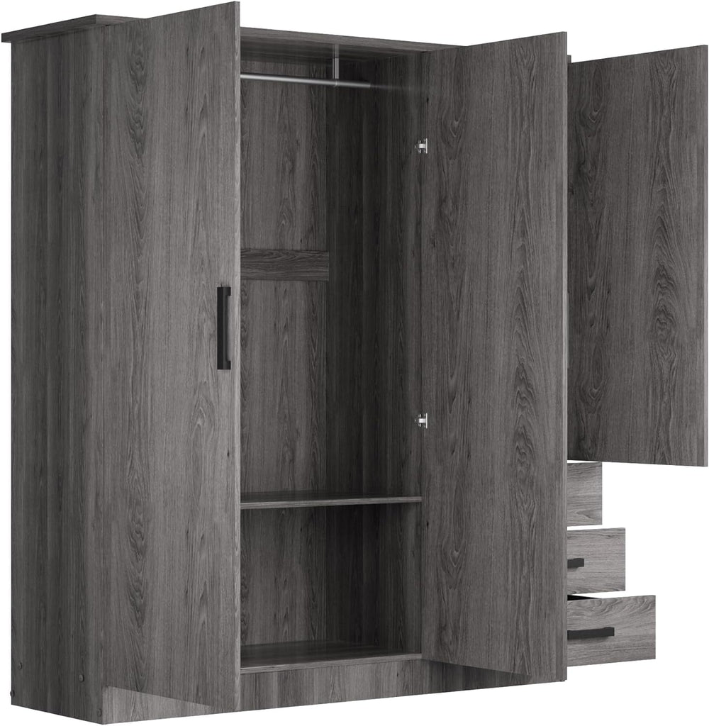 Violet Wardrobe Mirrored Door Closet 3 Doors and 3 Drawers (Grey)