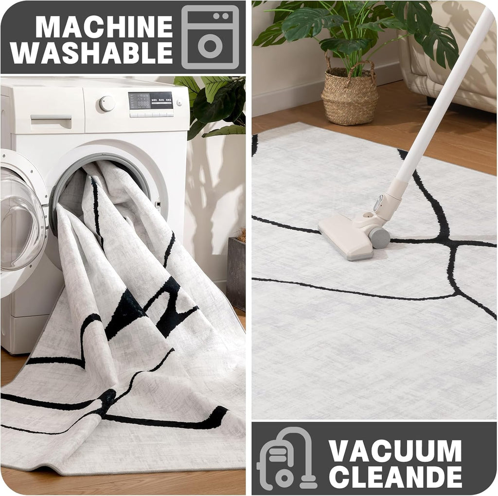 6x9 Abstract Black and White Area 6'x9' - Washable Non-Slip Ultra-Thin Rug, Stain Resistant Low Pile Soft Rug for Living