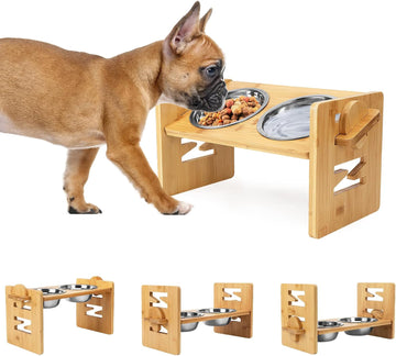 Elevated Dog Bowls, Adjustable Raised Tilted French Bulldog Food Water Bowl, Slanted Bamboo Pet Feeding Station