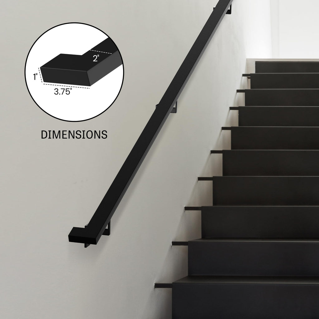 Modern Aluminum Handrail Complete DIY Kit - Matte Black with Adjustable Wall Mount Brackets Included (4' Length)