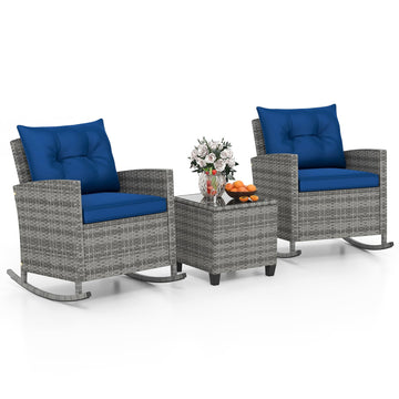 3 Piece Wicker Rocking Set, Patio Rattan Roker Chairs with Tempered Glass Table & Soft Cushions, Outdoor Furniture