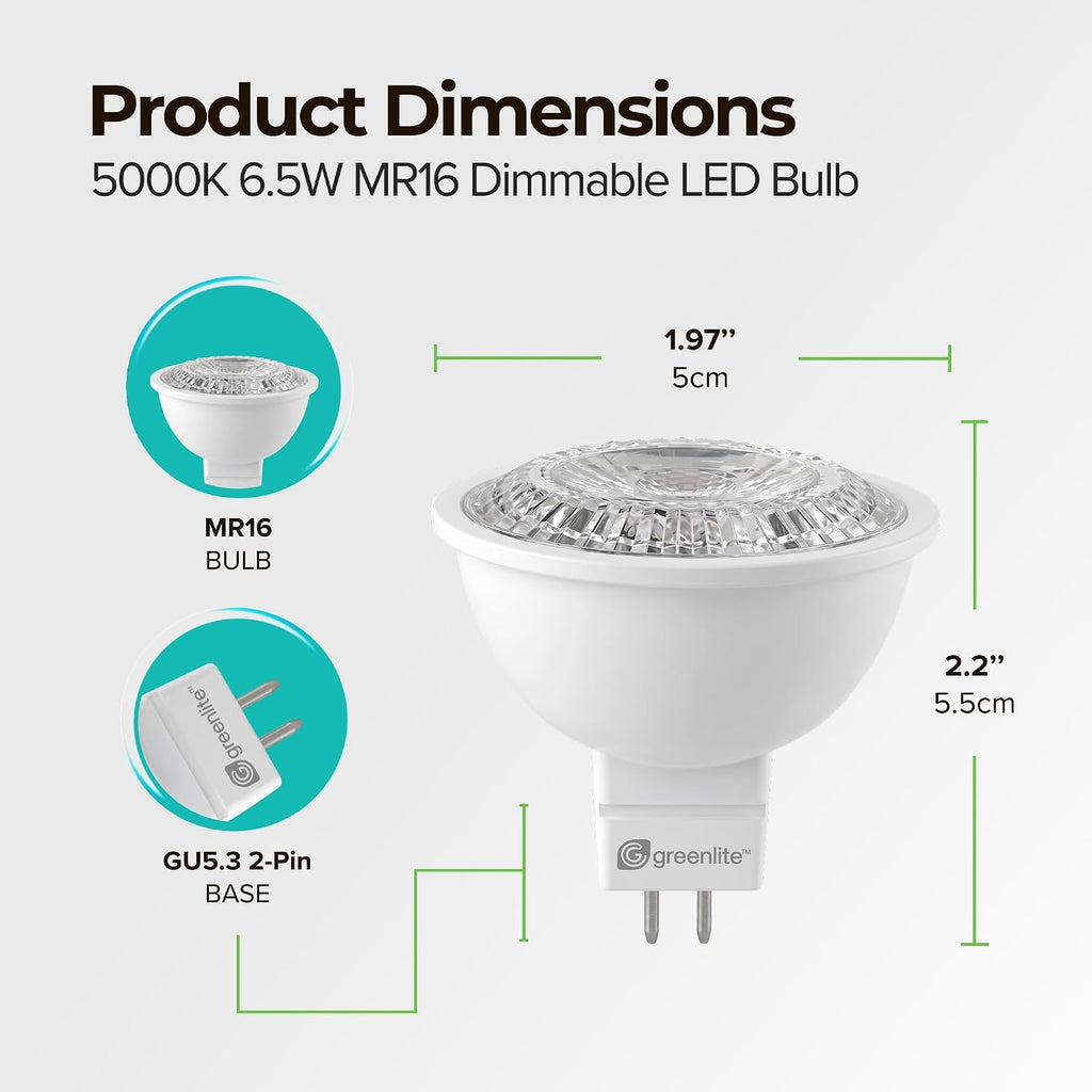 MR16 LED Bulbs, 50W Equiv. 2 Pin Light Bulbs, 6.5W, 5000K, 6 Pack