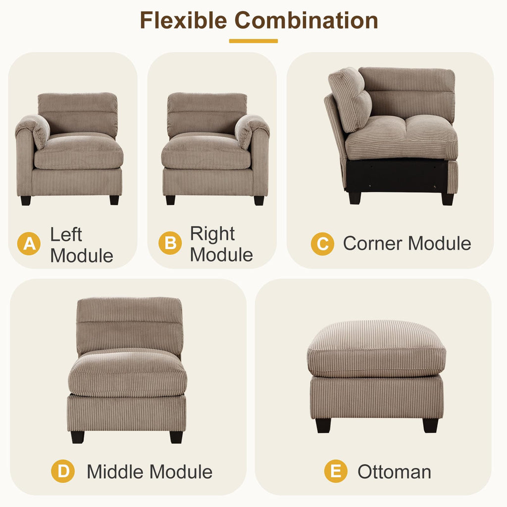 115" Wide Modular Sectional Sofa Couch, Oversized Corduroy l Shaped Sectional Couches with Rolled Arms, 7-Seater