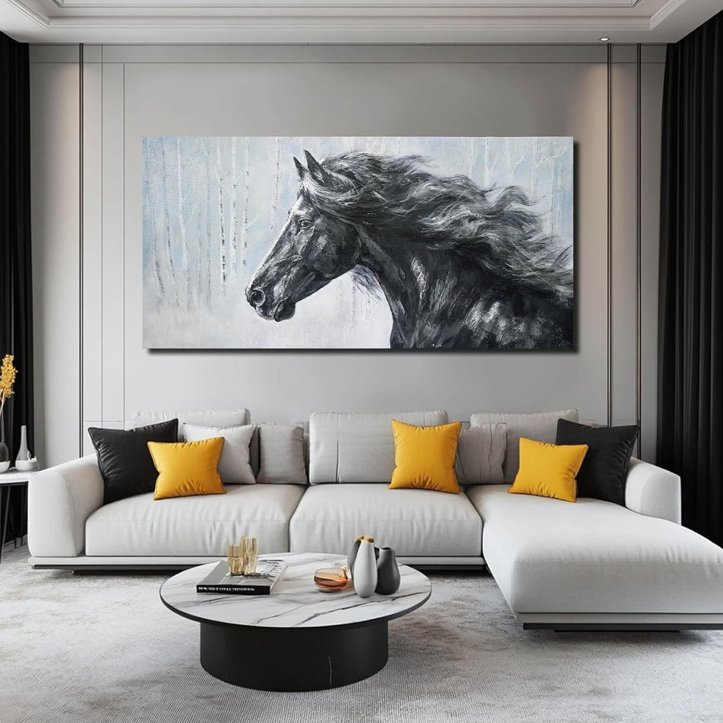 Extra Wide Panoramic Horse Canvas Wall Art, Black and White Equine Portrait Artwork, Misty Birch Forest, Rustic