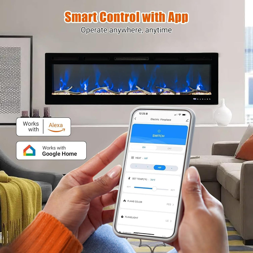 50 Inch Electric Fireplace Insert & Wall Mounted, Smart WiFi/Alexa Control, 1500/750w Heater, 12 Flame Colors, Remote