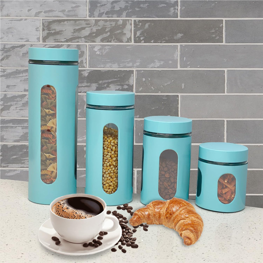 Kitchen Canisters Set For Countertop By | Retro-Styled Canisters Counter | Stainless Steel and Glass, See-Through - Set of 4