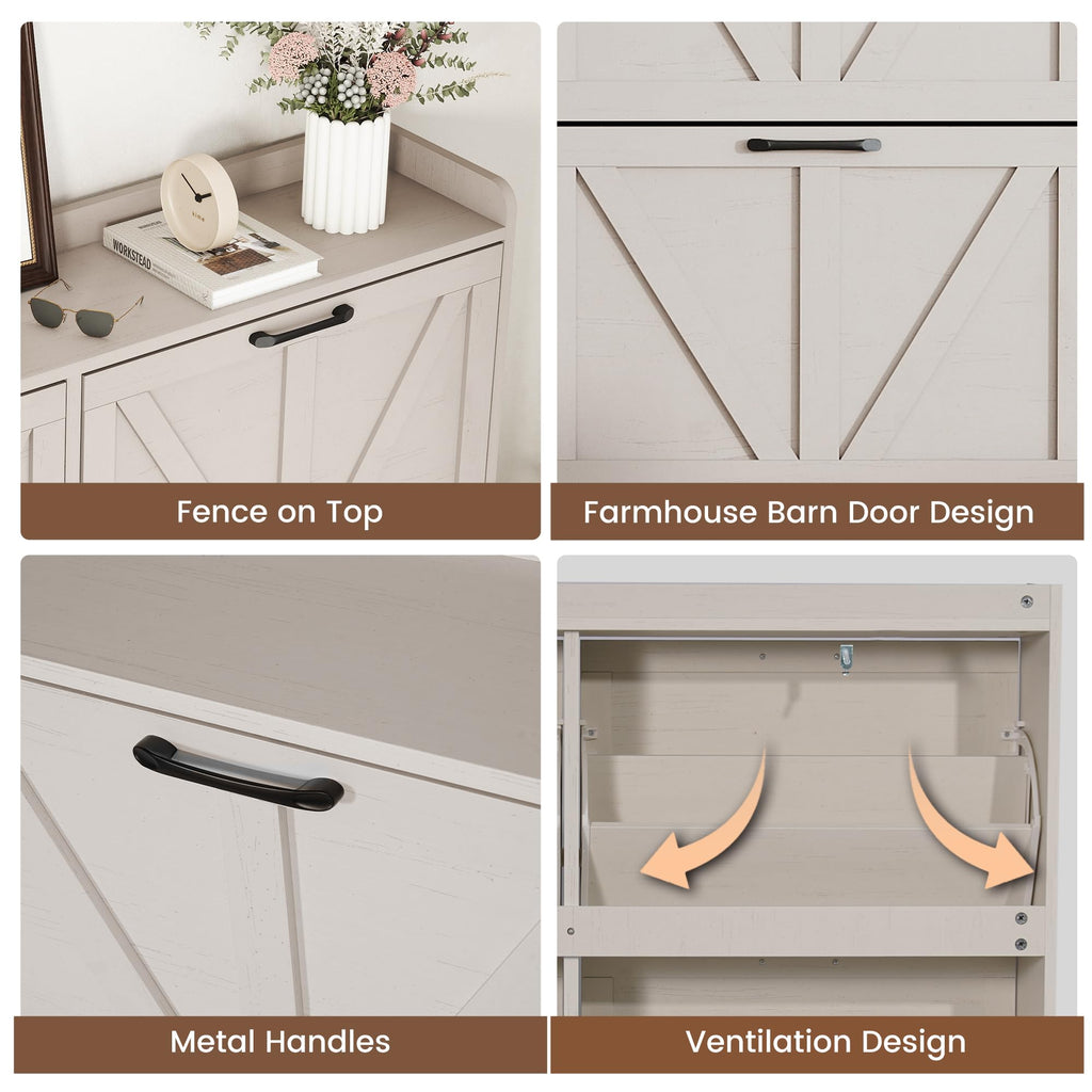 Farmhouse Shoe Storage Cabinet with 4 Flip Drawers, Shoe Rack Cabinet with Wooden Legs&Adjustable Shelves