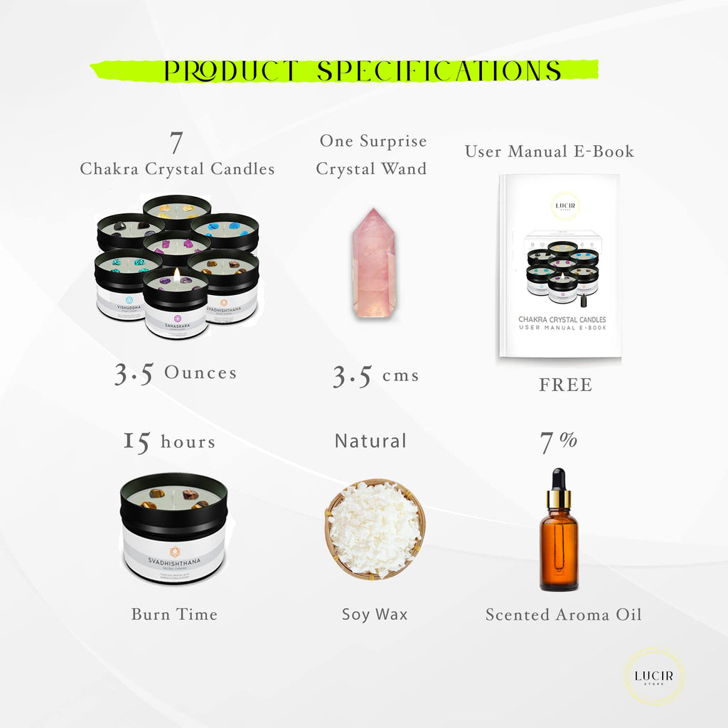 7 Chakra Crystal Candles Set - Scented Soy Candles with Natural Crystals & Surprise Crystal Wand - Meditation, Yoga &