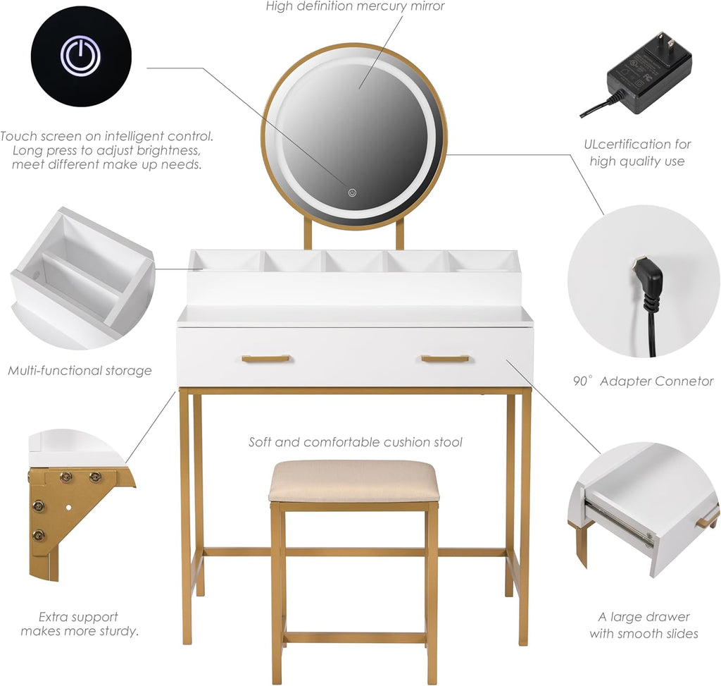 Makeup Vanity Desk with Mirror and Lights, Makeup Vanity Set with Drawers, Small Dressing Up Table, 3 Lighting Modes