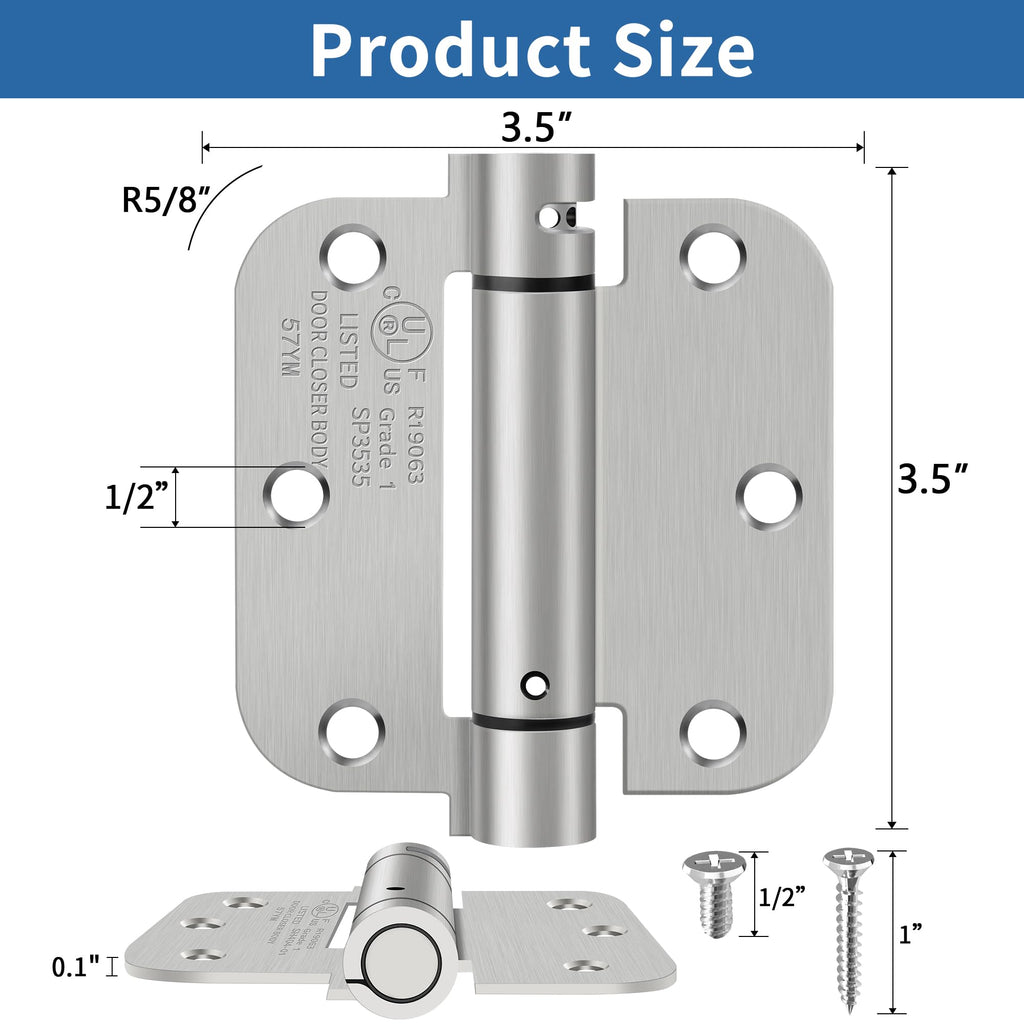 3.5 Inch Self Closing Door Hinges, 5/8" Radius Corners Spring Loaded Hings
