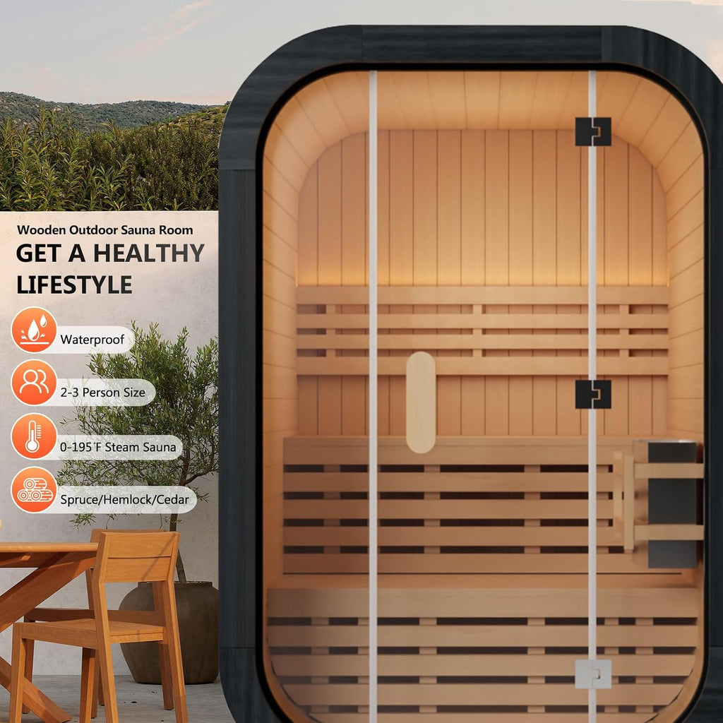 Outdoor Steam Sauna for 2 Person, Canadian Cedar Saunas Spa, Traditional Barrel Wooden Sauna with ETL-Certified 4.5KW