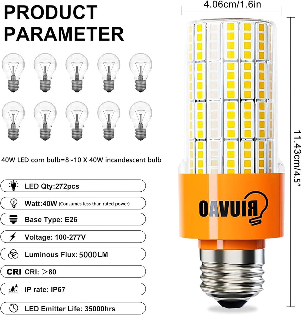 40W LED Corn Light Bulb, 320W Equivalent 5000LM, 5000K Daylight, Waterproof & 90% Energy Saving - E26/e27 Base Corn