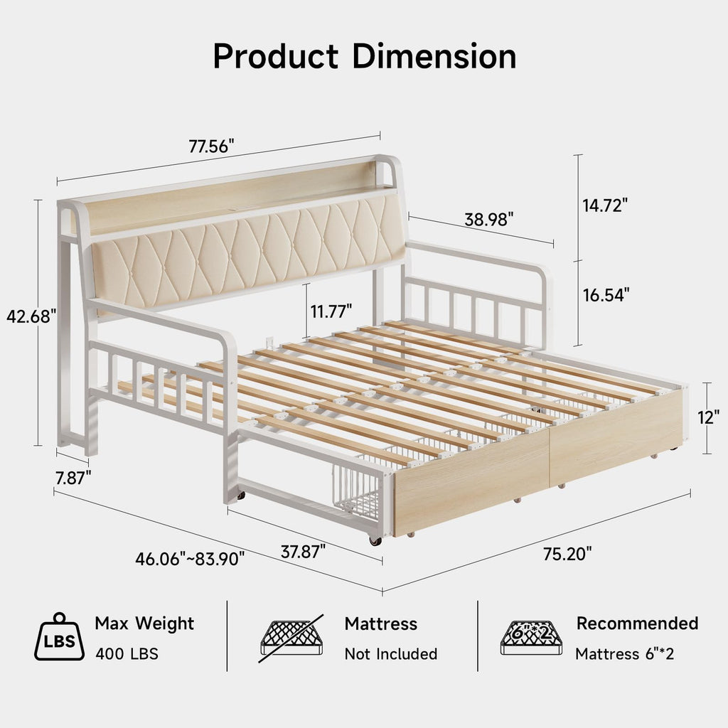 Twin Daybed with Pop up Trundle, Twin to King Daybed, White
