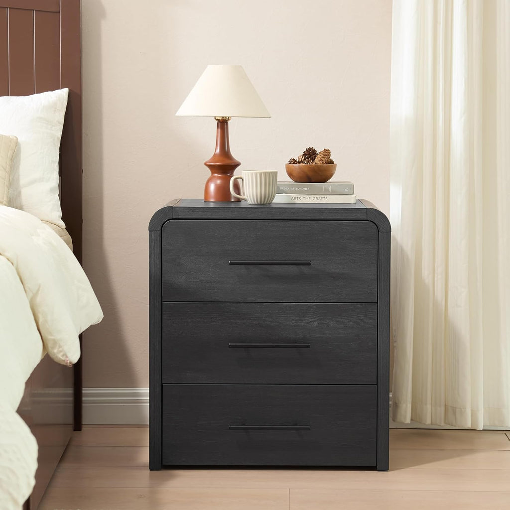Nightstand Set of 2, 23.6" Modern Curved Nightstand with 3 Drawers, Wood Bedside Table , Large Storage End Table