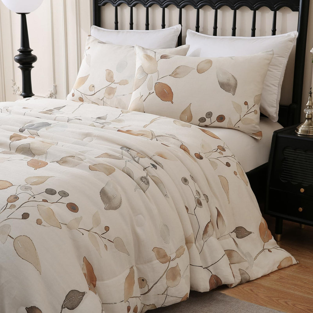 Linen Leaves Comforter Set Queen Size 3 Pieces Natural French Flax Linen Bedding Soft Breathable Moisture Wicking