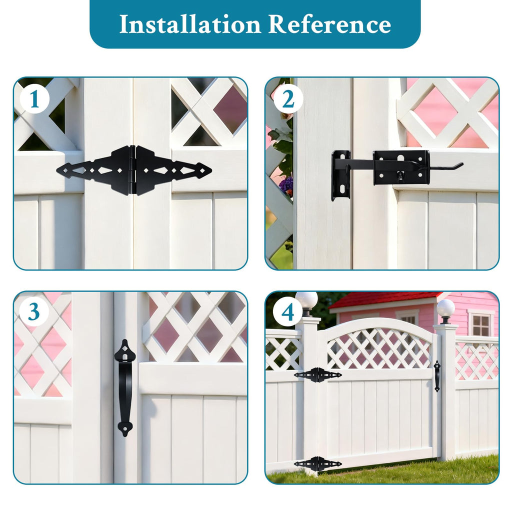 8 Inch Gate Hinge and Thumb Latch Set, Heavy Duty Strap Fence Hinges Hardware Kit, Rustproof Matte Black Steel for
