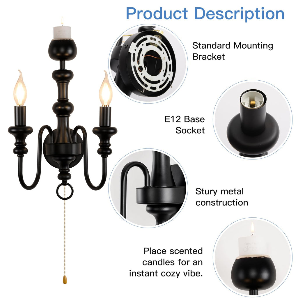 Matte Black Iron Double-Arm Wall Sconce, Retro Farmhouse Hardwired Lamp with Scented Candle Tray & Pull Switch Decor