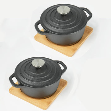 Mini Cast Iron Dutch Oven with Lid, 5.5 Inch Pre-Seasoned Cocotte with Bamboo Serving Tray, Set of 2, Black