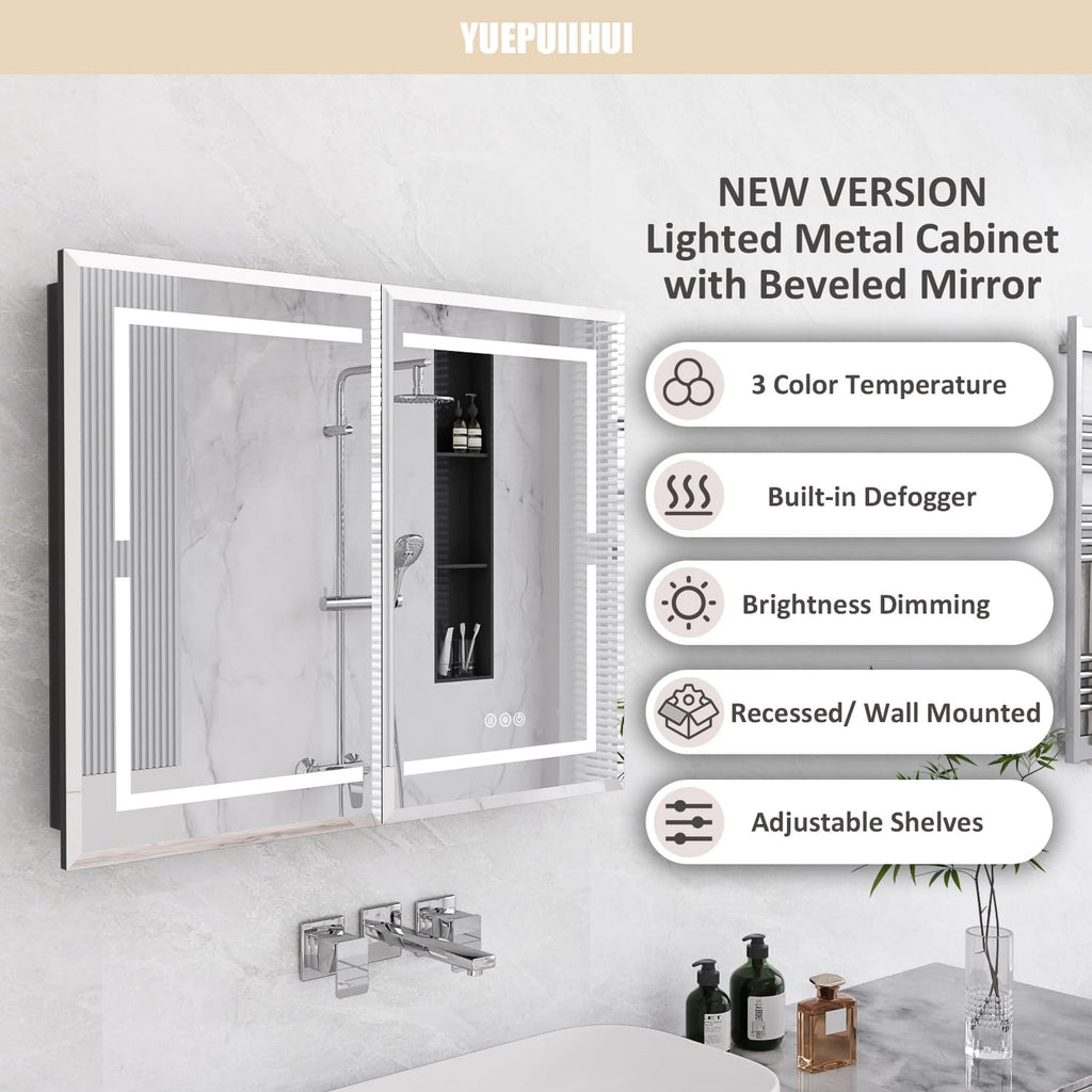36X30 Inch Lighted Medicine Cabinet, Recessed or Wall Mounted Bathroom Mirror with Adjustable Brightness, Double Door