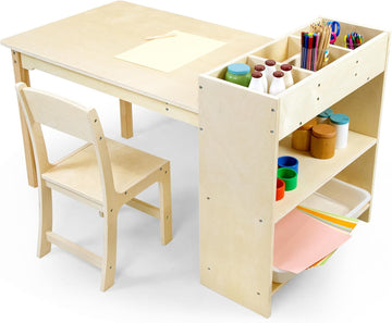Kids Art Table and Chair Set, Birch Wooden Activity Craft Table, Kids Drawing Table, Toddler Desk with Storage and 1