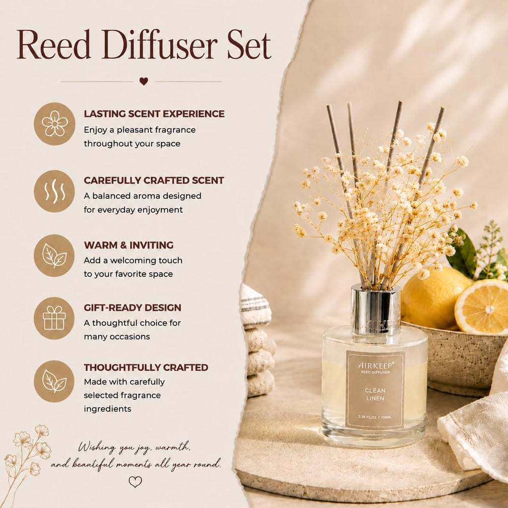 Reed Diffuser Set,3.38 fl oz (100 ml) - Clean Linen Oil Diffusers with 8 Reed Sticks,Home Fragrance Reed Diffuser - Set of 338