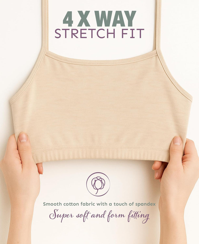 Girls Cotton Stretch Cropped Cami Training Bra | Starter Sports Bra | Girls Bralettes | Multi Packs & Colors