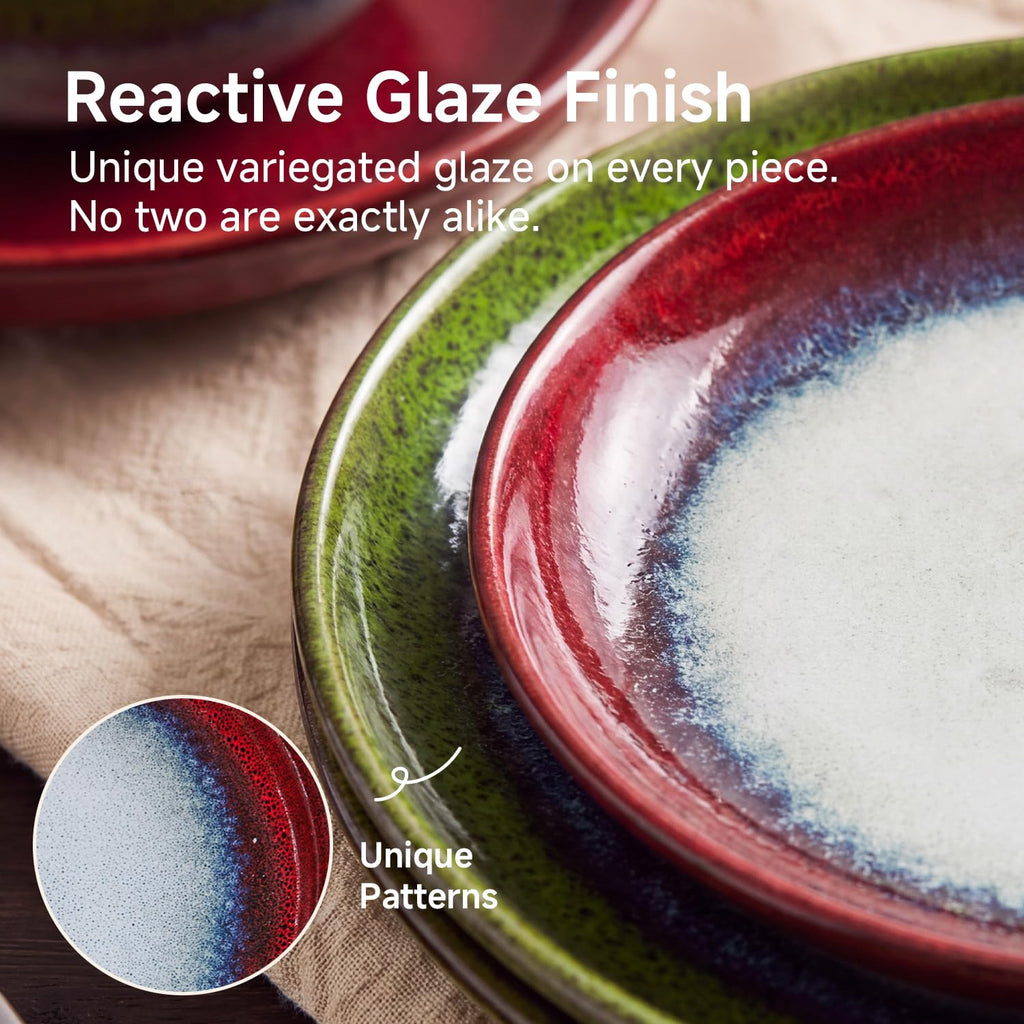 Dinnerware Set for 6, Red Reactive Glaze Plates and Bowls Sets
