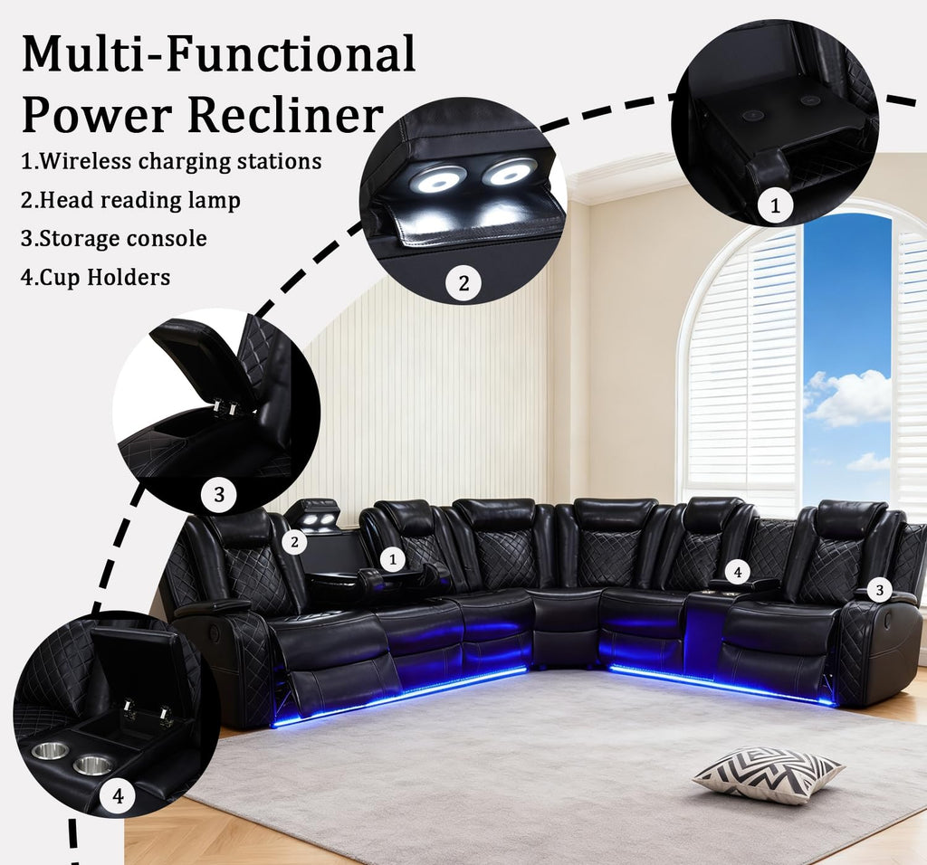 Power Leather Recliner Sectional Sofa with LED Lights, L Shaped Reclining Sectional Sofa, Modular Leather Couch with