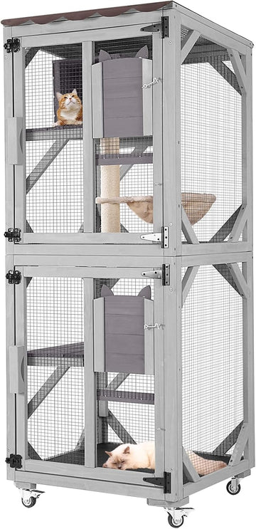 Catio Outdoor Cat Enclosure Wooden Cat Cage with Window Access Large Kitty House on Wheels 62.4'' Indoor Patio