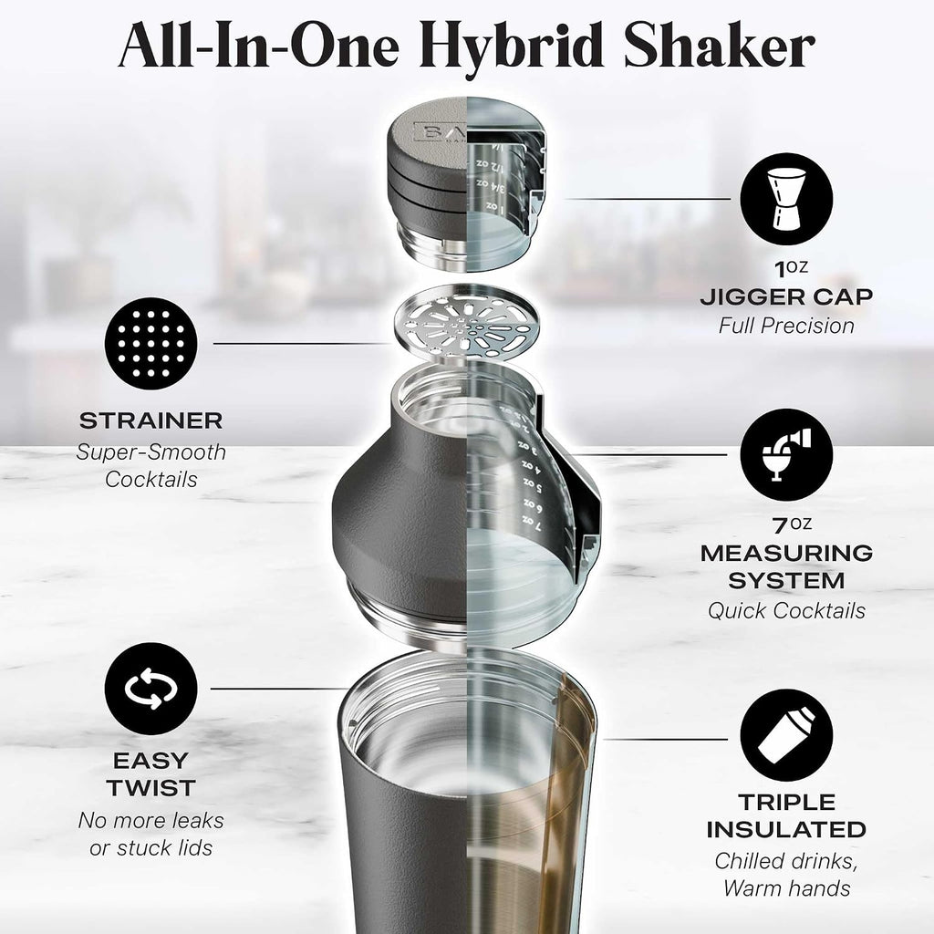 Insulated Cocktail Shaker Set | Double Wall Stainless Steel | Martini Shaker Bar Bartending | Built-in Drink Measure
