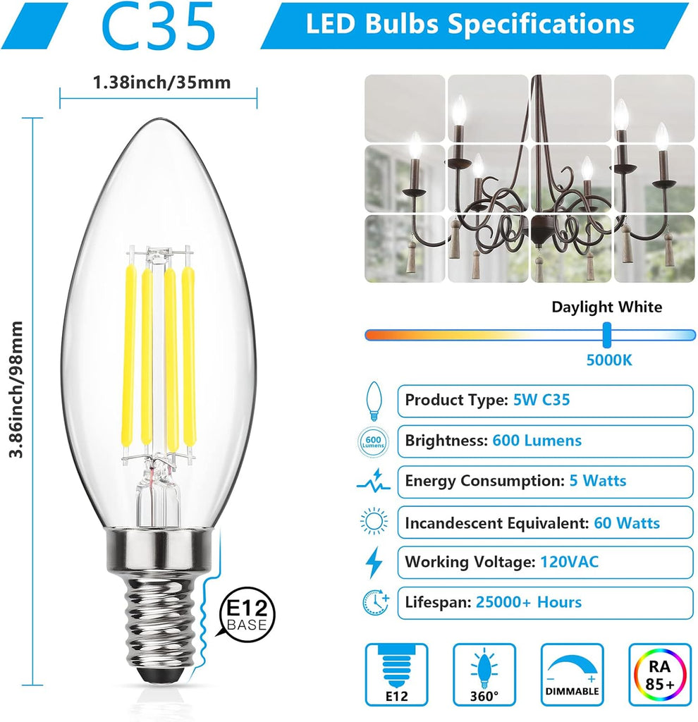 Dimmable E12 LED Candelabra Bulbs 60W Equivalent 5 Pack
