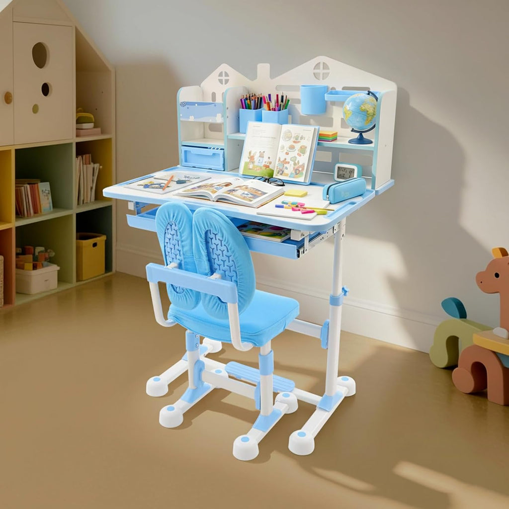 Adjustable Kids Desk & Chair Set Ergonomic Tilting Table with Storage Blue
