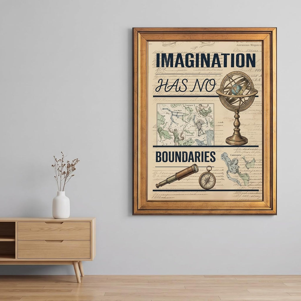 Framed Canvas Wall Art Vintage Celestial Armillary Sphere Cream Parchment Canvas Print Poster Gold Frame Wall Decor