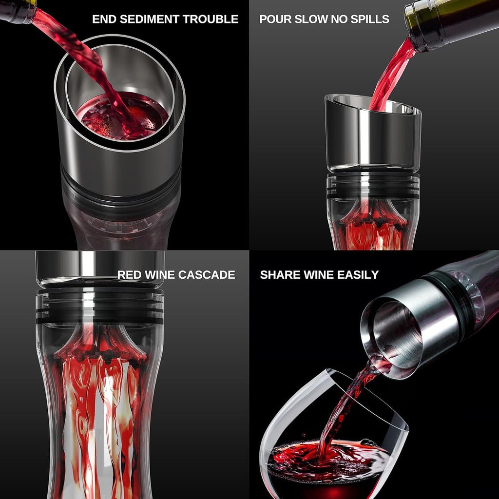 Hand-Blown Crystal Glass Wine Decanter with Built-in Aerator & Golden Peak Base - 750 ml Red Wine Carafe for Dinner
