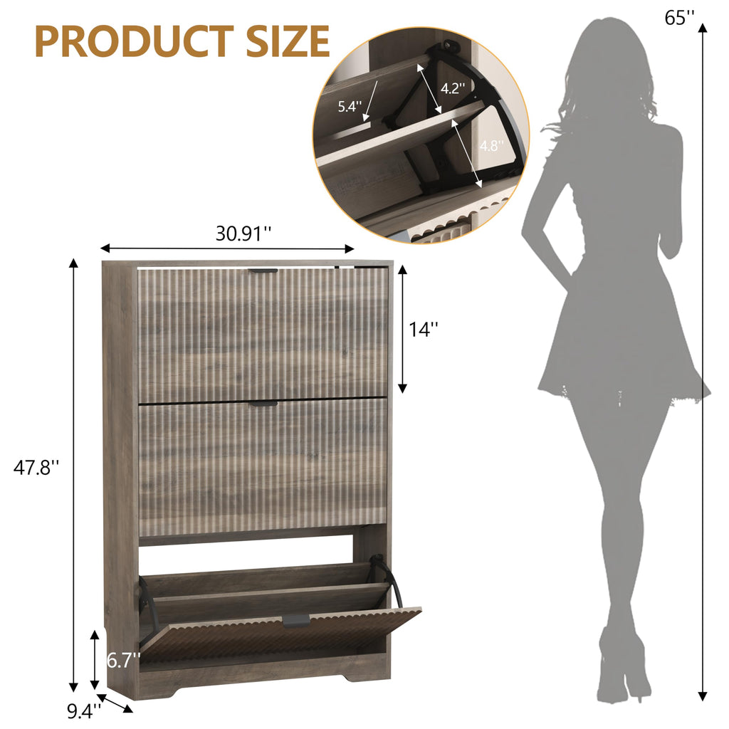 Shoe Cabinet Storage with 3 Flip Drawers, Grey Fluted Shoe Cabinet with Adjustable Shelves, Wooden Hidden Shoe Rack
