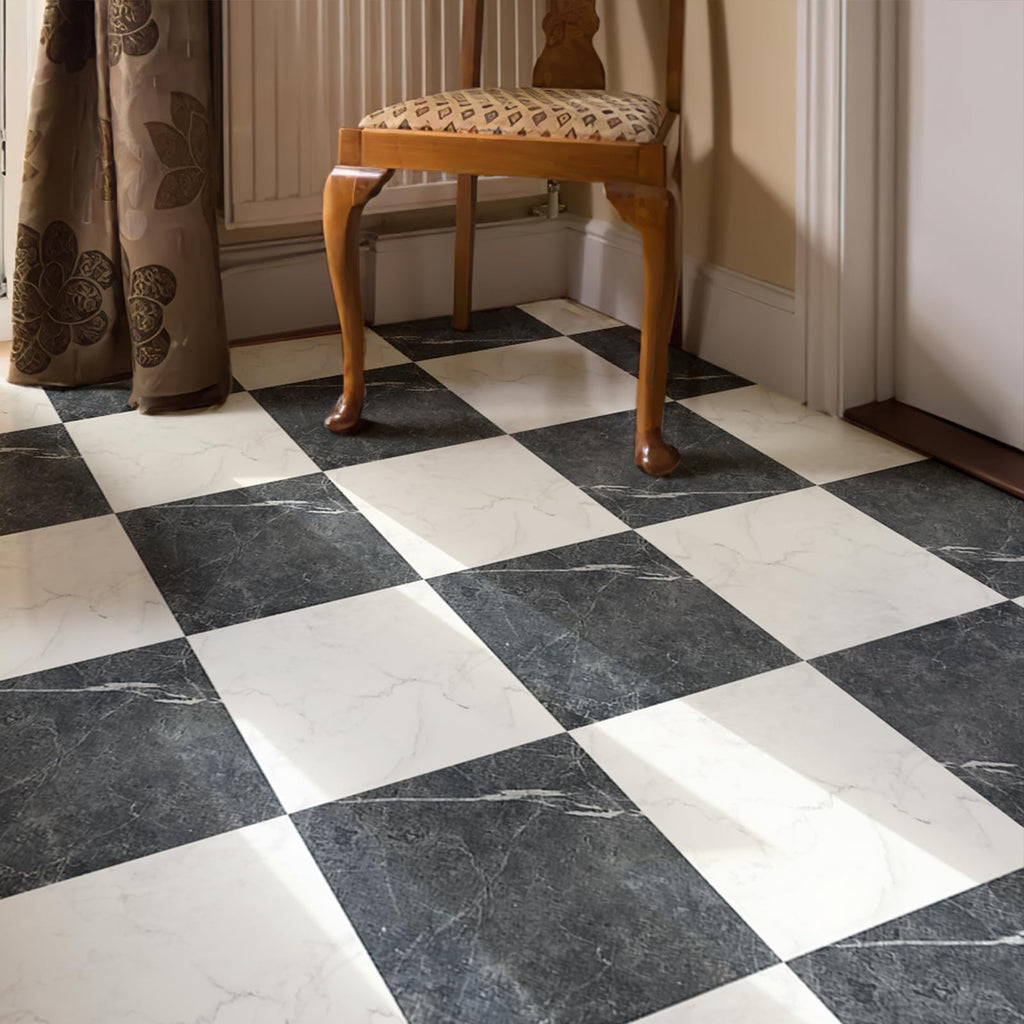 30-Pack Peel and Stick Vinyl Floor Tiles, Black & White Marble
