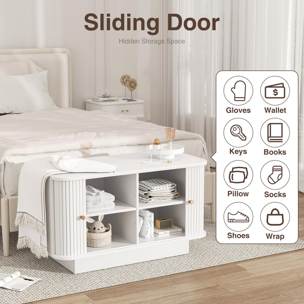 Fluted Entryway Bench with Shoe Storage, 31" W Small Shoe Bench with Sliding Door, Mud Room Benches with Seat