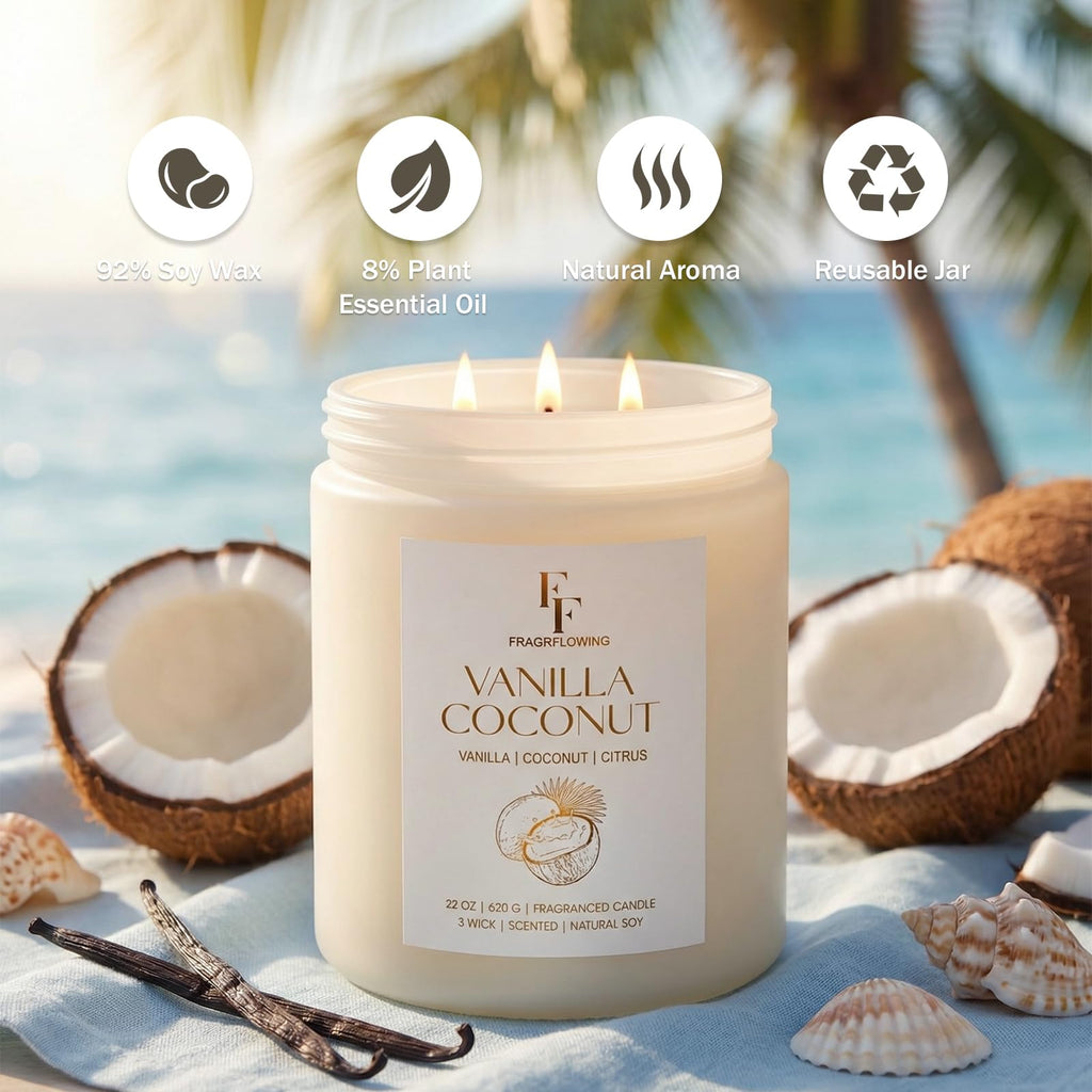 Vanilla Coconut Large Scented Candle, 3-Wick 22oz Long Lasting Scented Candle, Natural Soy Wax Aromatherapy Candle