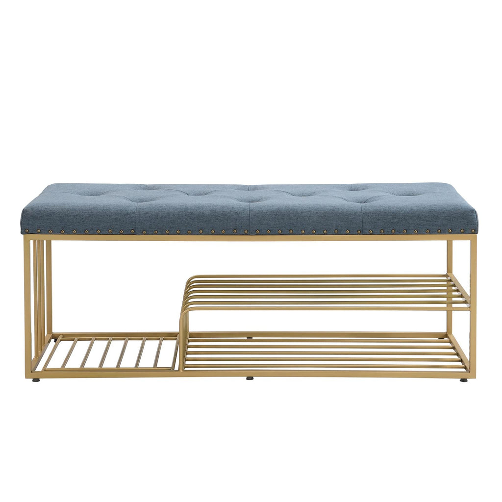 Upholstered Shoe Storage Bench-Nailhead Trim Linen Ottoman Bench with Shoes Rack for End of Bed Entryway Window