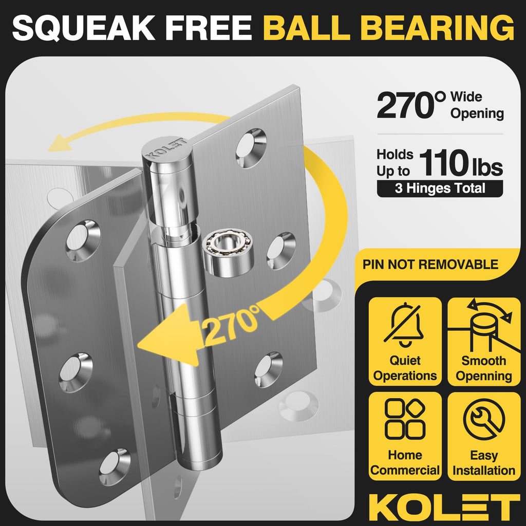 3.5 Inch Ball Bearing Door Hinges, Square & 5/8" Radius Corner, 6 Pack