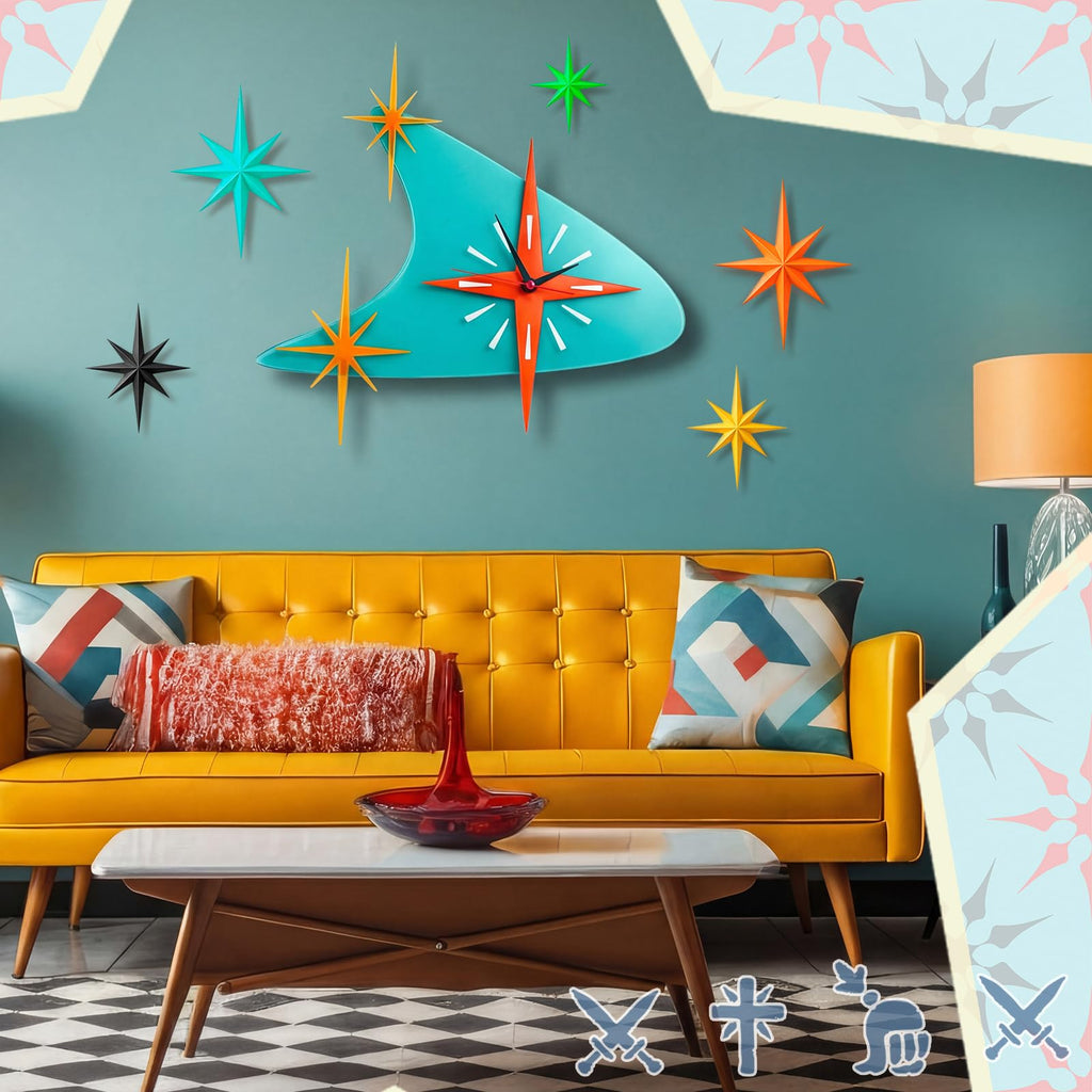 25 inch Mid Century Modern Wall Clock Decor with 5 Pcs Retro 3D Star Art Wall Sculpture Starburst Clock art Vintage