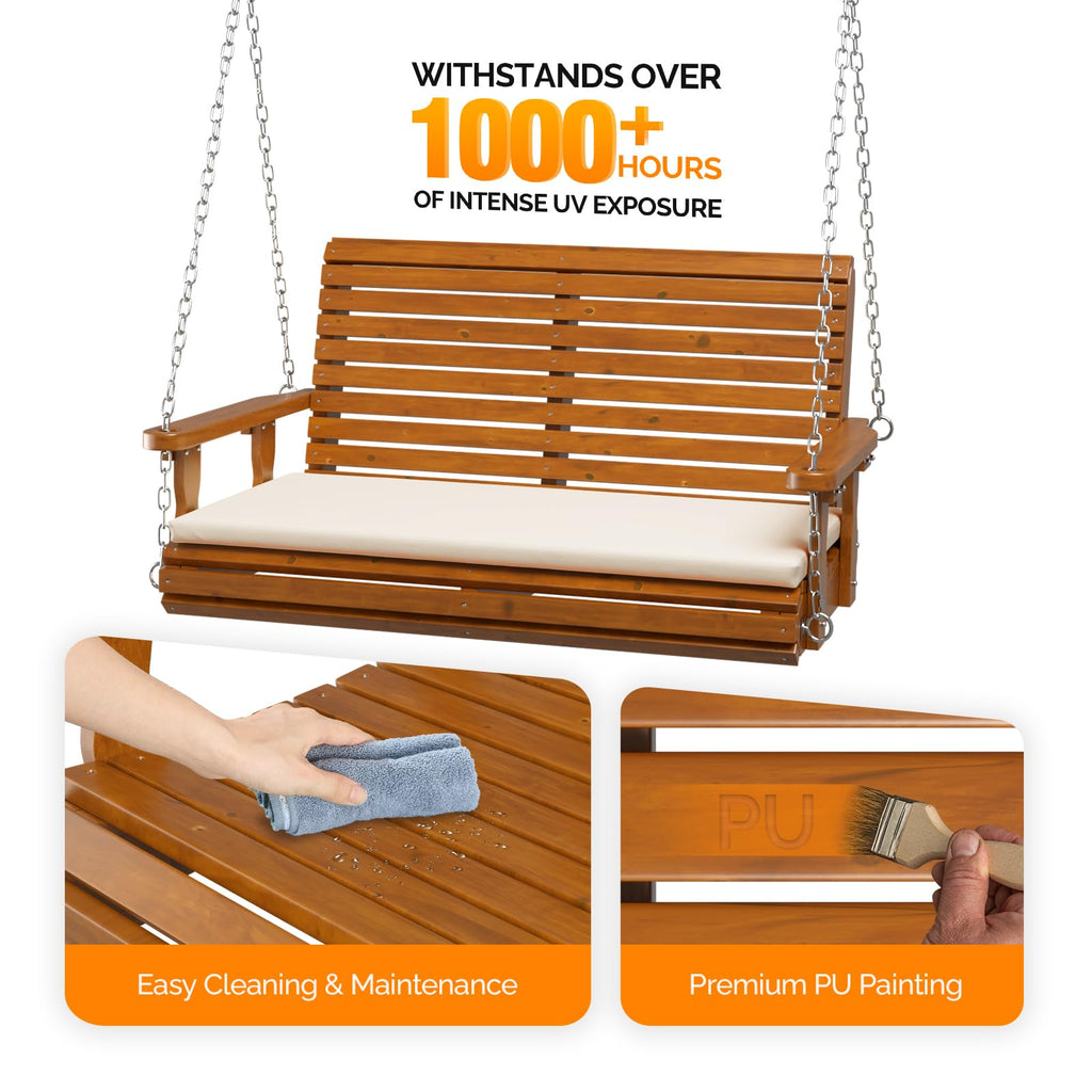 Wooden Porch Swing, Heavy Duty 880 LBS Hanging Patio Bench with Extra Cushion for Lawn| Garden| Courtyard (Brown, 4