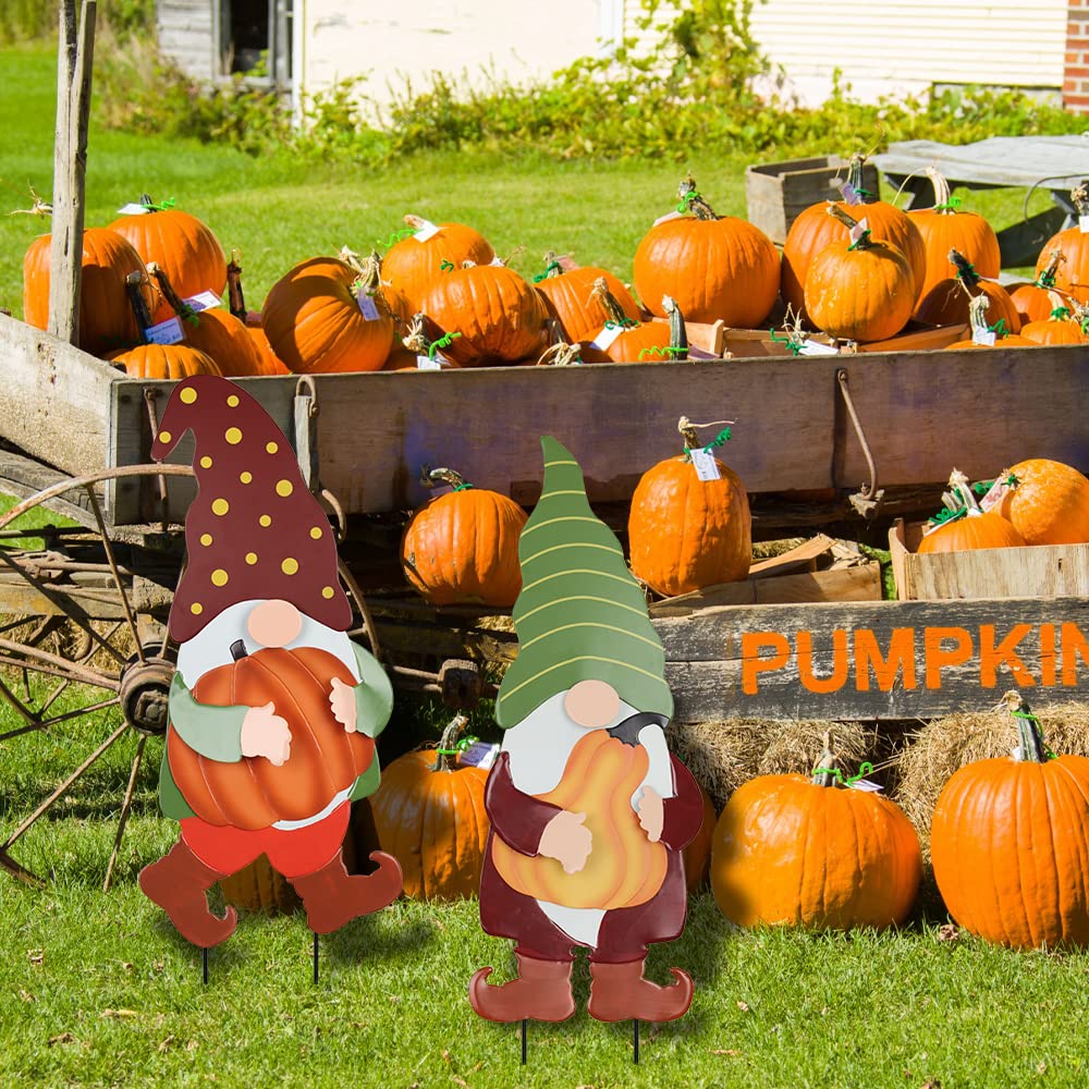 Fall Decorations Outdoor, 2 Pack 25" Decorative Garden Stakes with Gnomes Pumpkin for Fall Decor, Metal Yard Signs