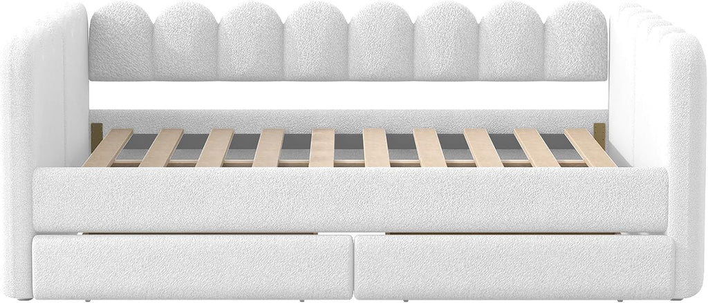 Queen Size Lambswool Upholstered Daybed with 2 Storage Drawers, Modern White Soft Daybed Frame, Curved Ribbed Panel