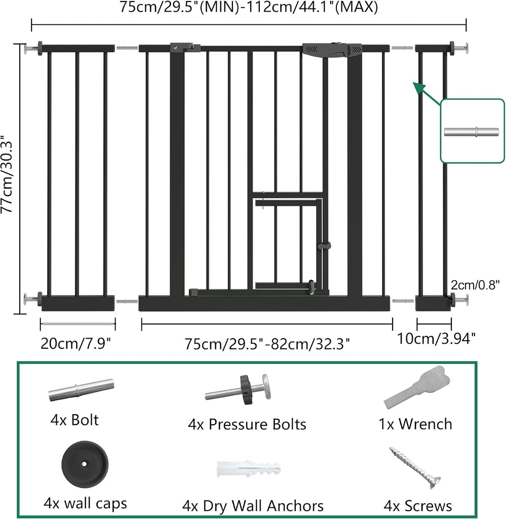 Pet Gate with Cat Door, 29.5-44.1" Adjustable Metal Gate