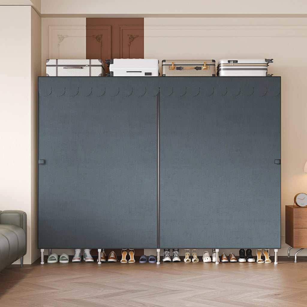 Large Portable Armoire Wardrobe Closet with 4 Hanging Rods and Lockers, Metal Storage Wardrobe Clothes Rack with Dust